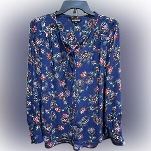 Express Navy Floral Tie-Neck Blouse - Pink, Teal, White